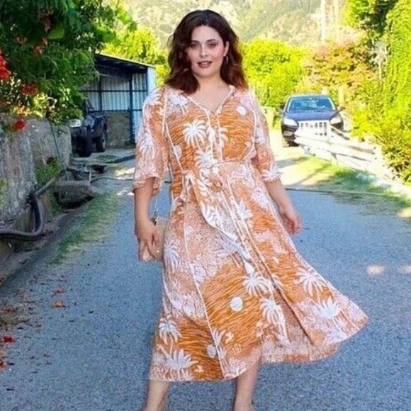 Desmond & Dempsey x H&M Linen Blend Belted Kaftan Midi Dress Size XXL Coastal - Picture 2 of 16